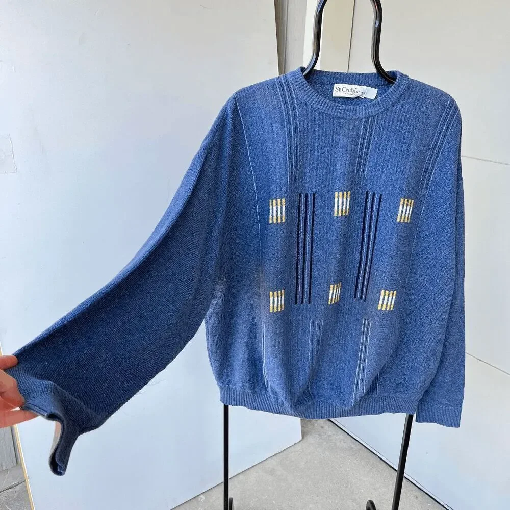 Vintage St. Croix Knits XXL Blue Geometric Midweight Knit Sweater - XXL